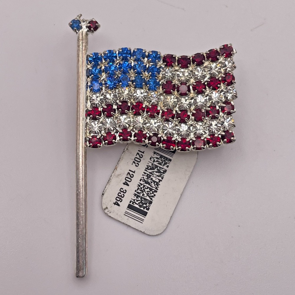 VTG Patriotic American Flag Rhinestone Brooch Pin Red White Blue Fourth of July